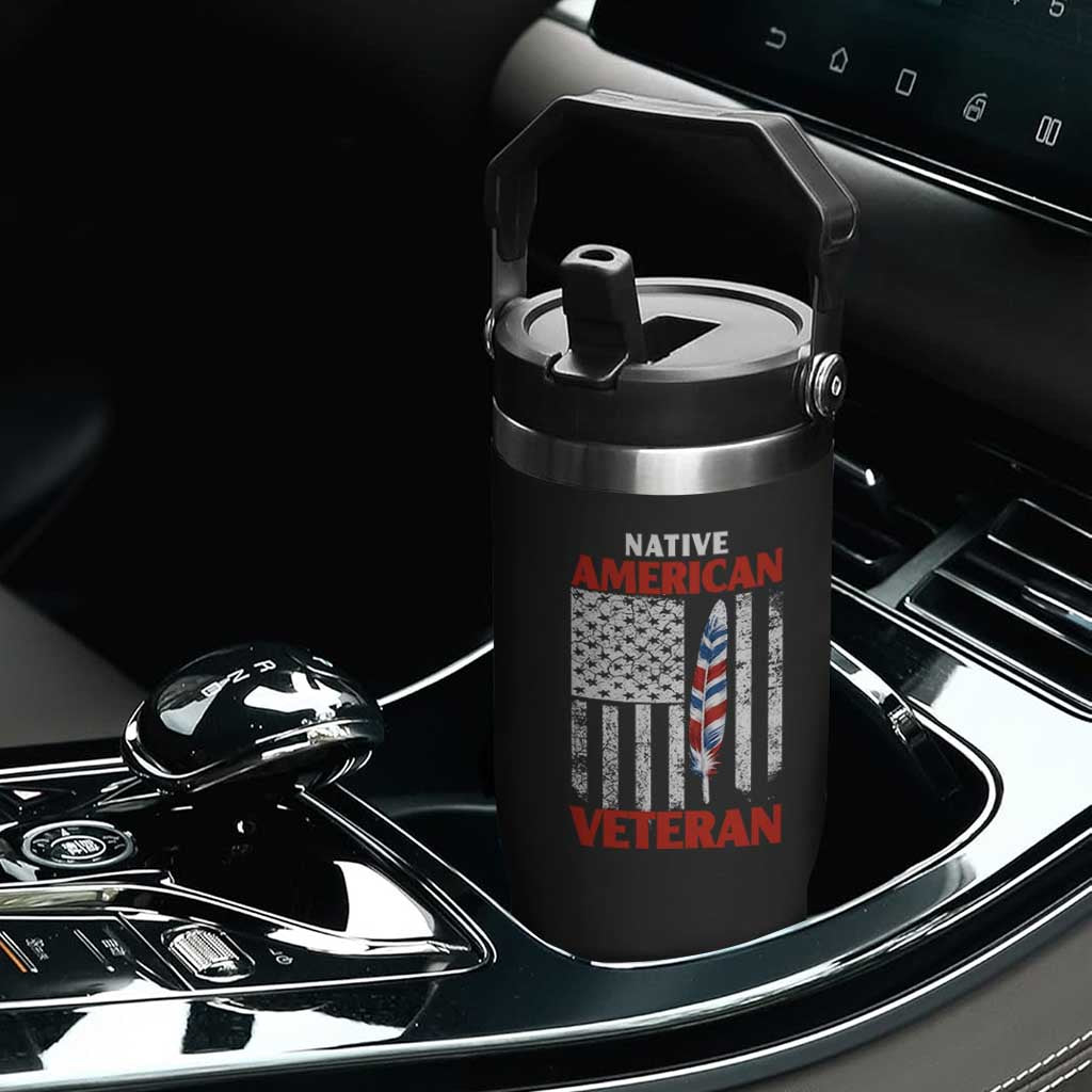 Native American Veteran USA Flag Patriotic Soldier Flip Straw Tumbler