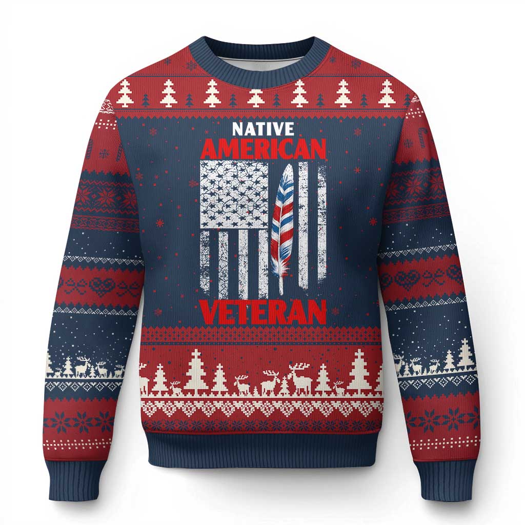 Native American Veteran USA Flag Patriotic Soldier Ugly Christmas Sweater TS14 Navy Red Print Your Wear