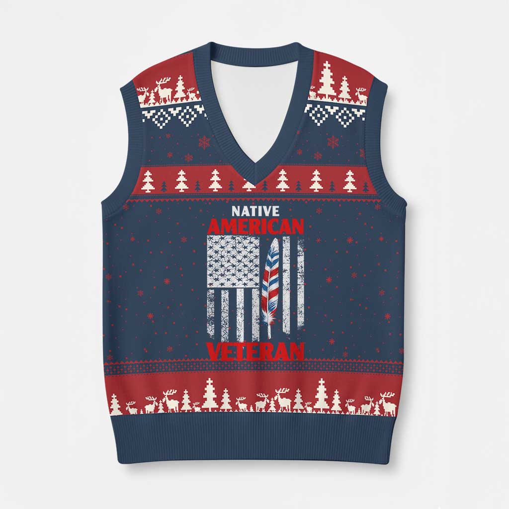 Native American Veteran USA Flag Patriotic Soldier V-Neck Knit Sweater Vest TS14 Navy Red Print Your Wear