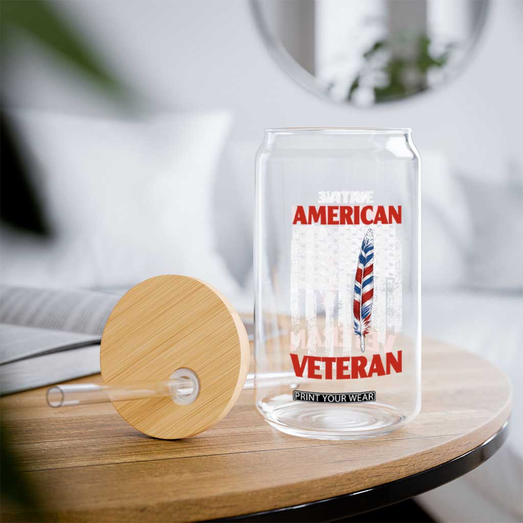 Native American Veteran USA Flag Patriotic Soldier Glass Can