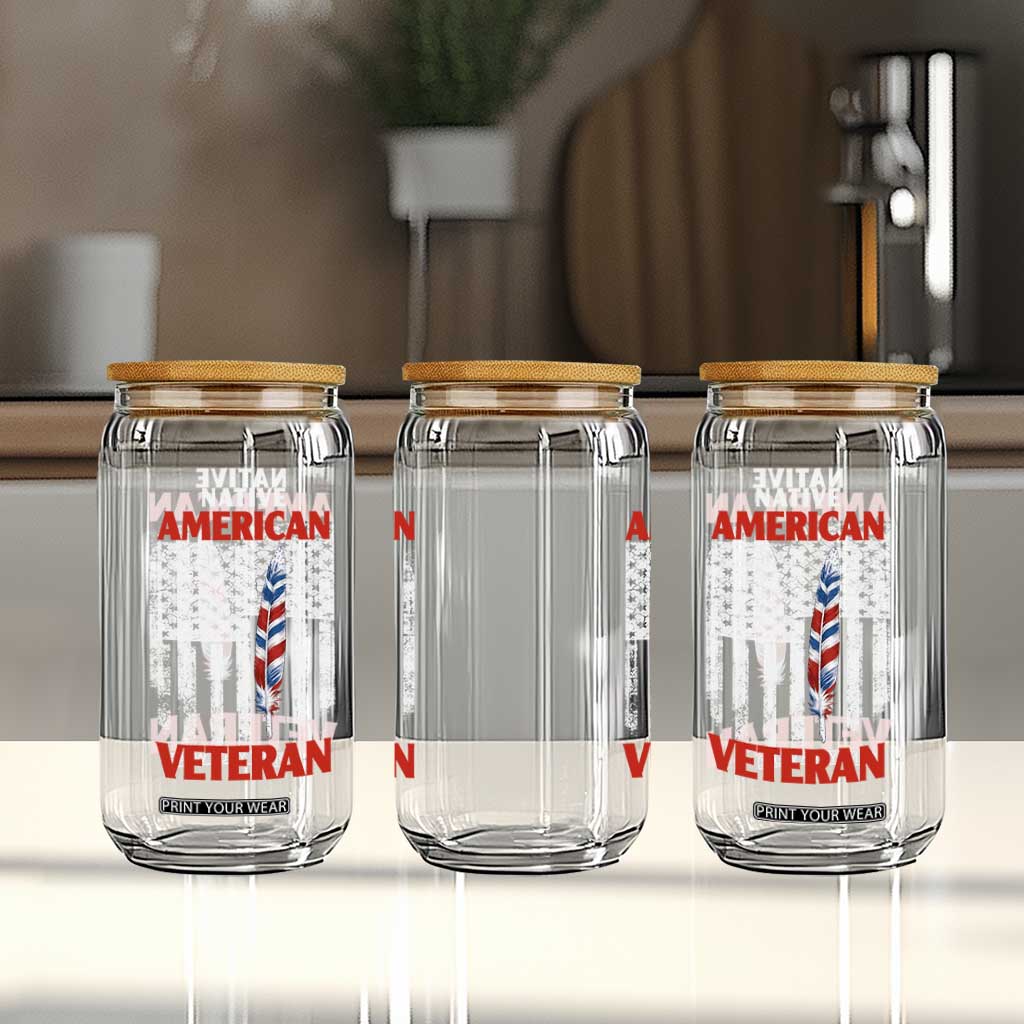 Native American Veteran USA Flag Patriotic Soldier Glass Can