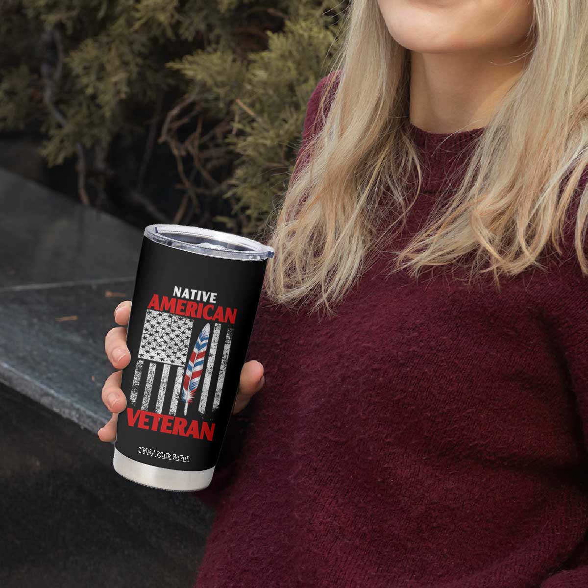 Native American Veteran USA Flag Patriotic Soldier Tumbler Cup
