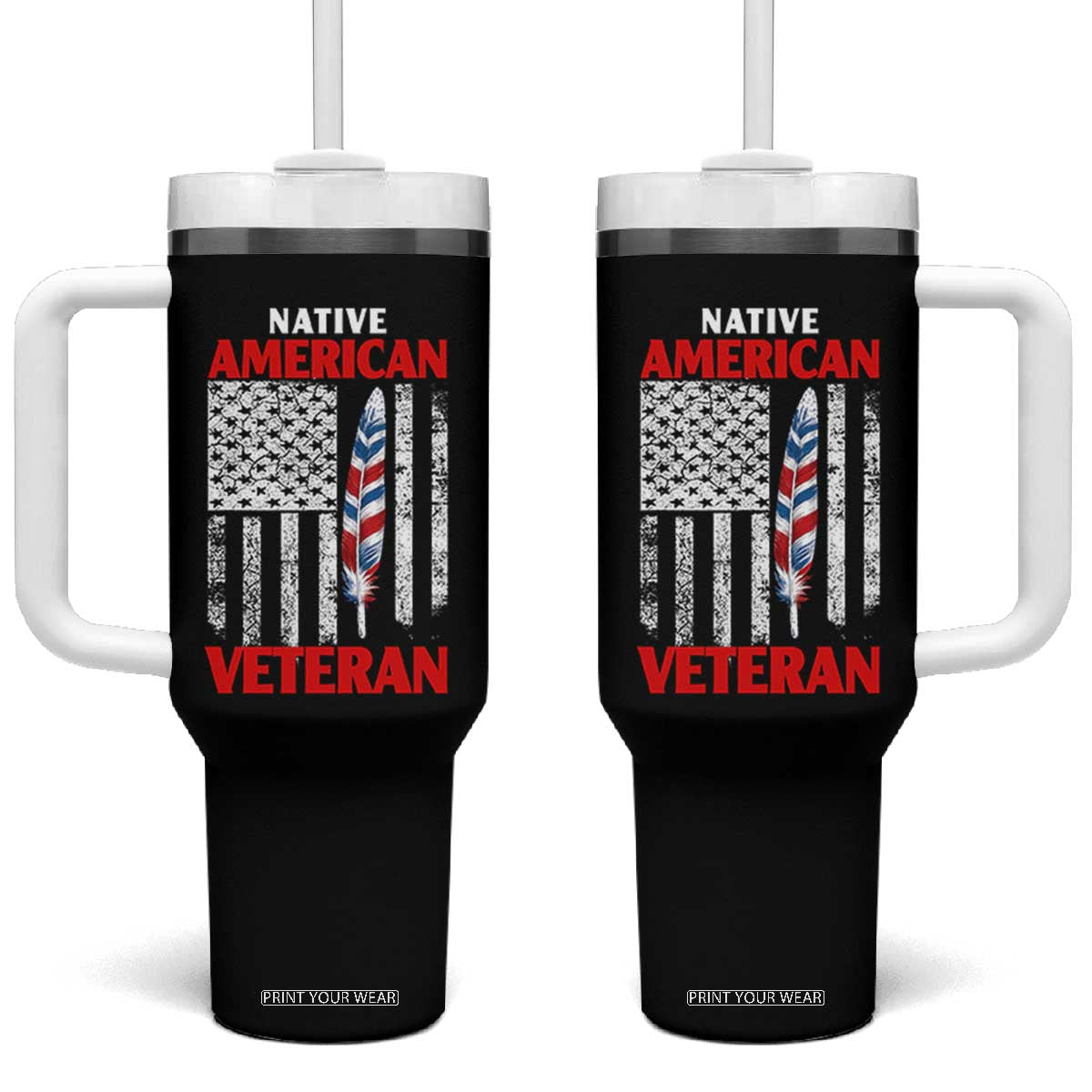 Native American Veteran USA Flag Patriotic Soldier Tumbler With Handle