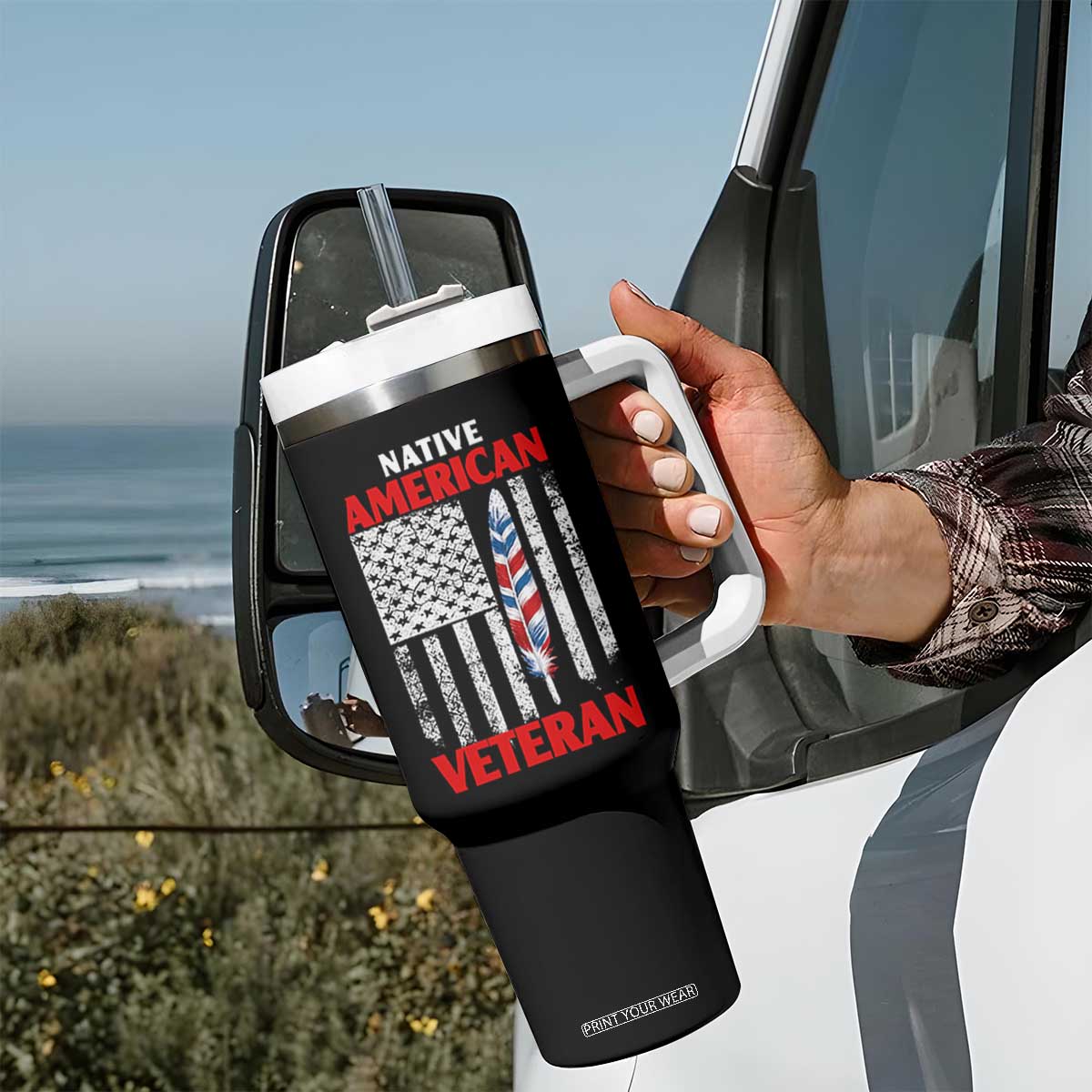 Native American Veteran USA Flag Patriotic Soldier Tumbler With Handle