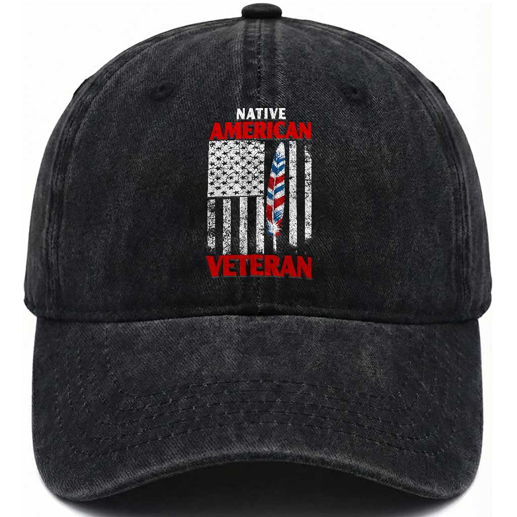 Native American Veteran USA Flag Patriotic Soldier Washed Cotton Baseball Cap TS14 Print Your Wear