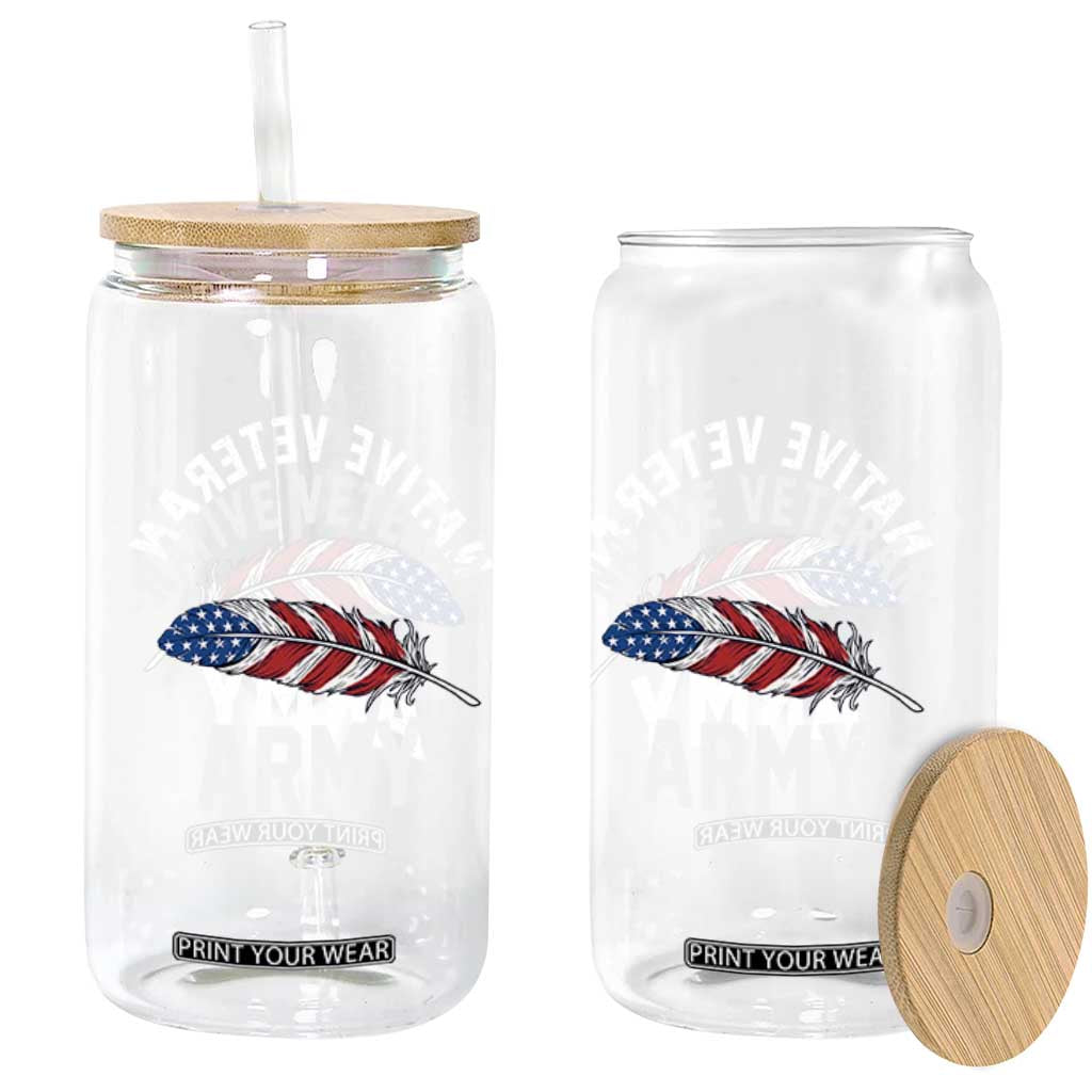 Native American Army Veteran US Flag Indigenous Soldier Glass Can