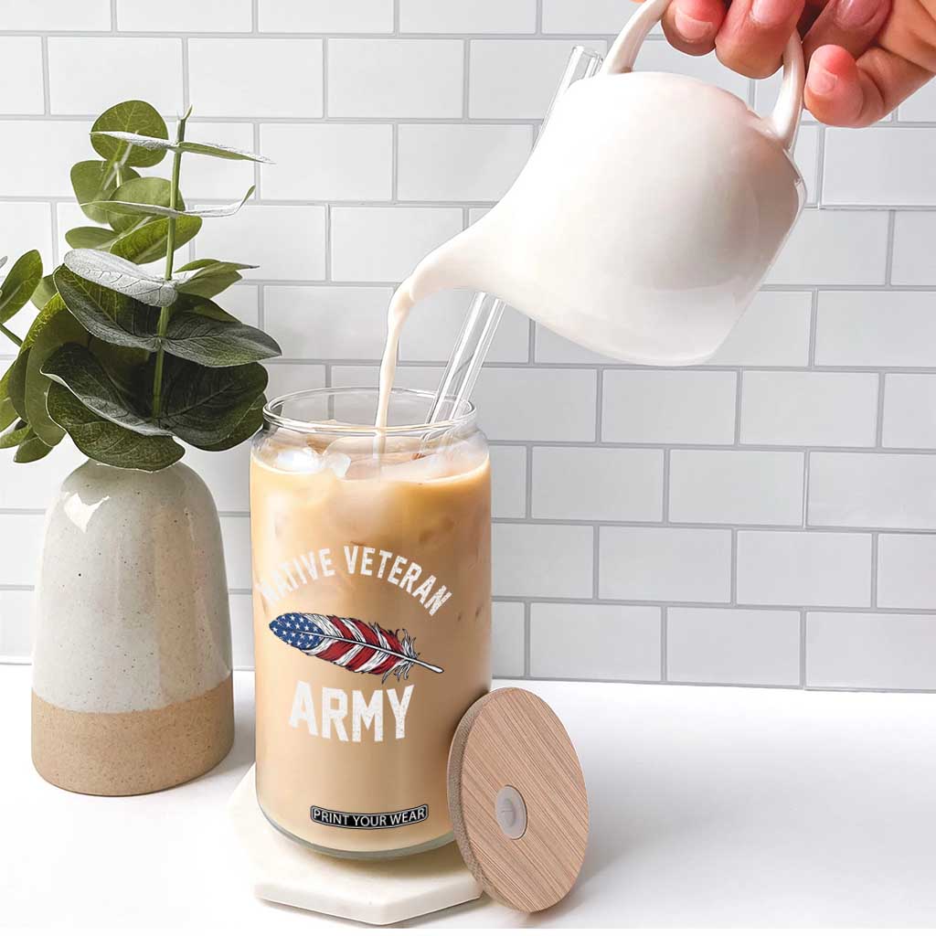 Native American Army Veteran US Flag Indigenous Soldier Glass Can