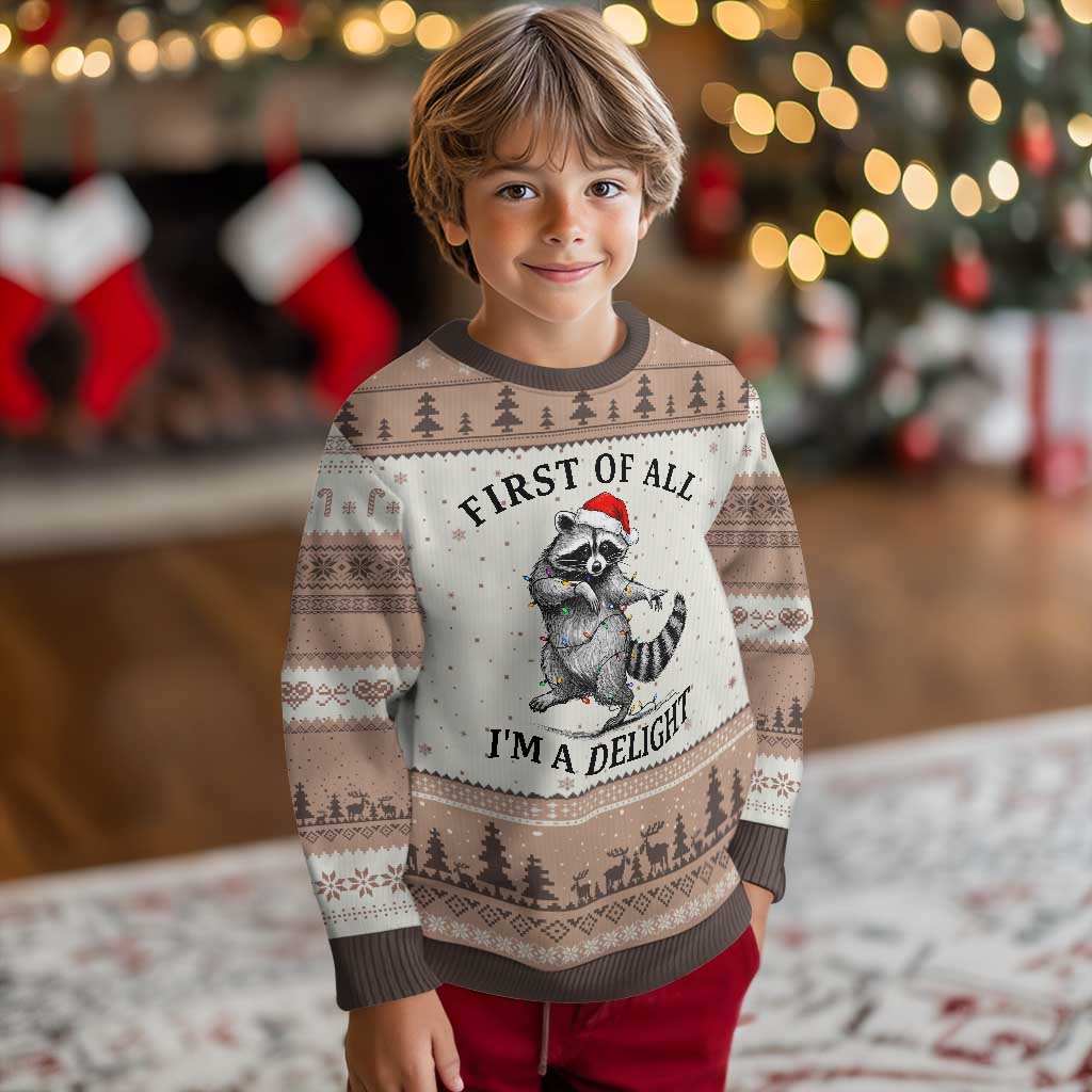 First Of All I Am A Delight Ugly Christmas Sweater Funny Xmas Raccoon TS14 Mocha Mousse Print Your Wear