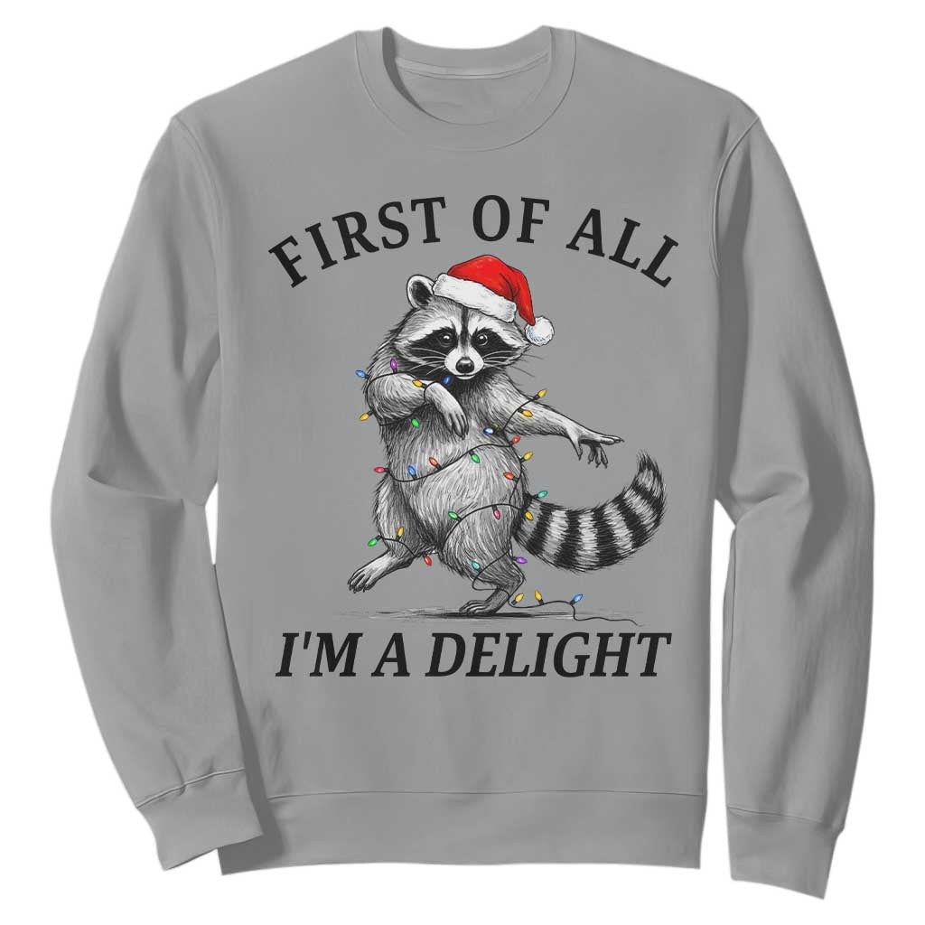 First Of All I Am A Delight Sweatshirt Funny Christmas Raccoon - Print Your Wear