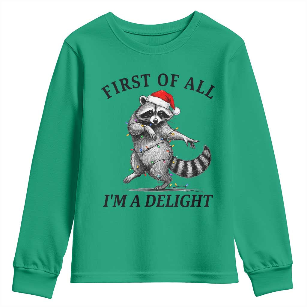 First Of All I Am A Delight Youth Sweatshirt Funny Christmas Raccoon TS14 Irish Green Print Your Wear