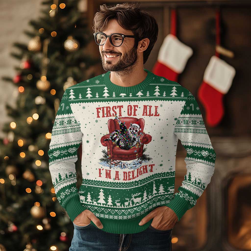 First Of All I Am A Delight Ugly Christmas Sweater Funny Raccoon Christmas Meme TS14 Beige Green Print Your Wear