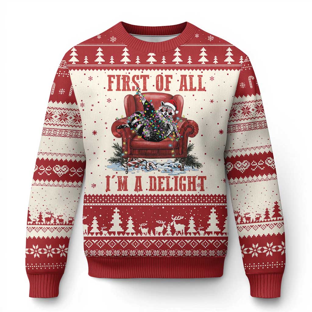 First Of All I Am A Delight Ugly Christmas Sweater Funny Raccoon Christmas Meme TS14 Beige Red Print Your Wear