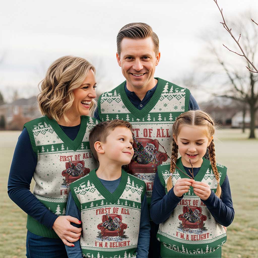 First Of All I Am A Delight V-Neck Knit Sweater Vest Funny Raccoon Christmas Meme TS14 Beige Green Print Your Wear