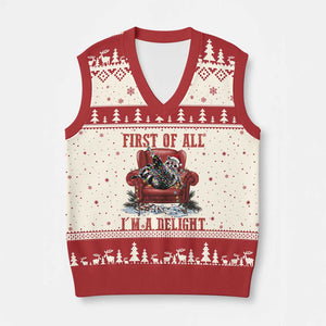 First Of All I Am A Delight V-Neck Knit Sweater Vest Funny Raccoon Christmas Meme TS14 Beige Red Print Your Wear