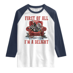 First Of All I Am A Delight Raglan Shirt Funny Raccoon Christmas Meme TS14 White Navy Print Your Wear