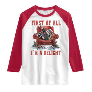 First Of All I Am A Delight Raglan Shirt Funny Raccoon Christmas Meme TS14 White Red Print Your Wear