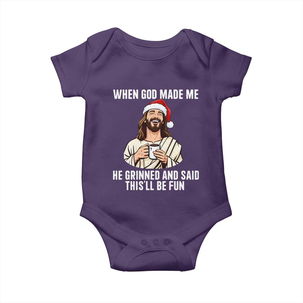 Funny Jesus Christian Christmas Baby Onesie When God Made Me He Grinned And Said This Will Be Fun TS14 Purple Print Your Wear