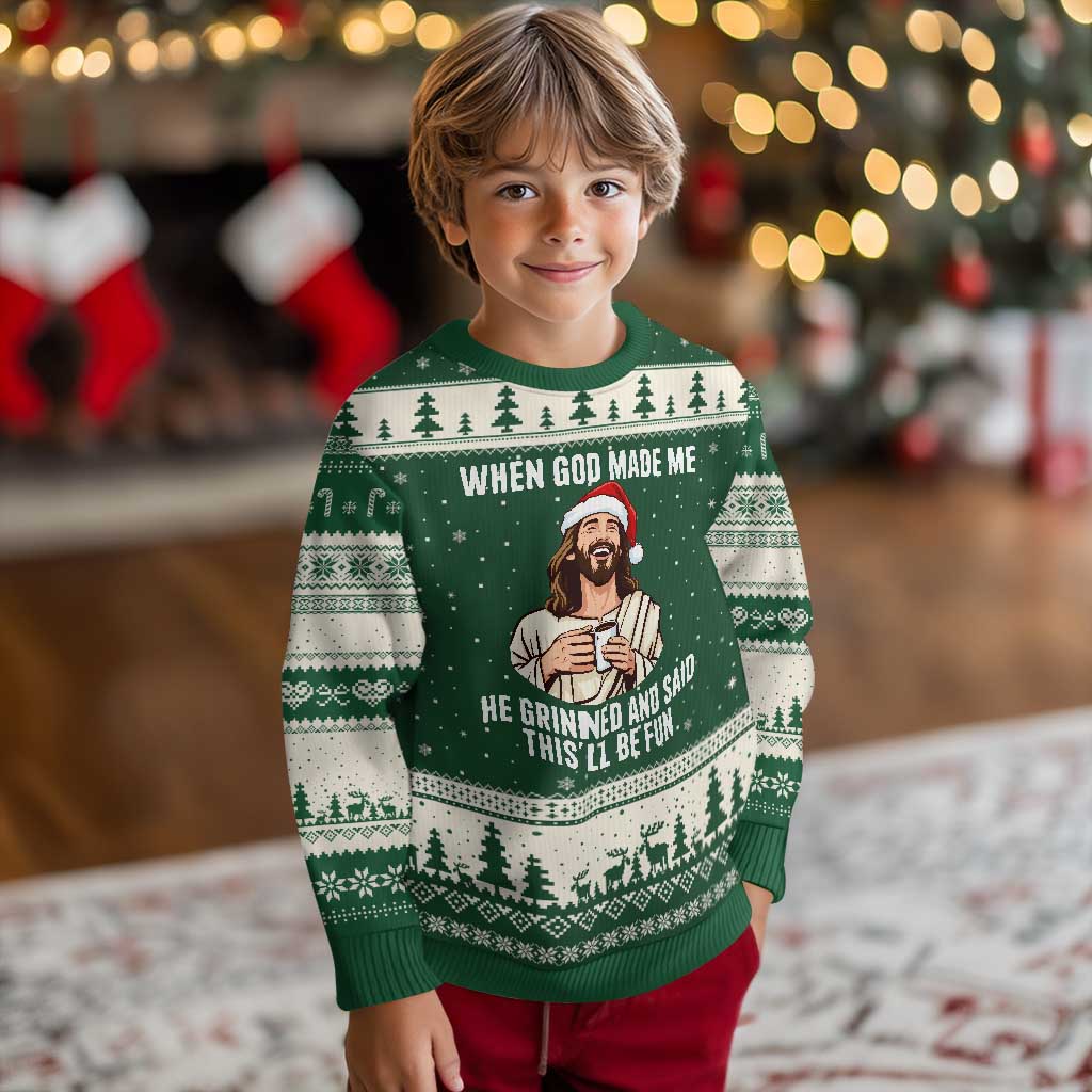 Funny Jesus Christian Christmas Ugly Christmas Sweater When God Made Me He Grinned And Said This Will Be Fun TS14 Forest Green Beige Print Your Wear
