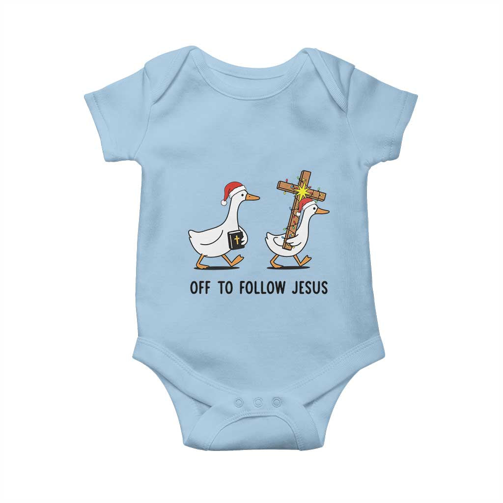 Christian Christmas Goose Baby Onesie Off To Follow Jesus TS14 Light Blue Print Your Wear