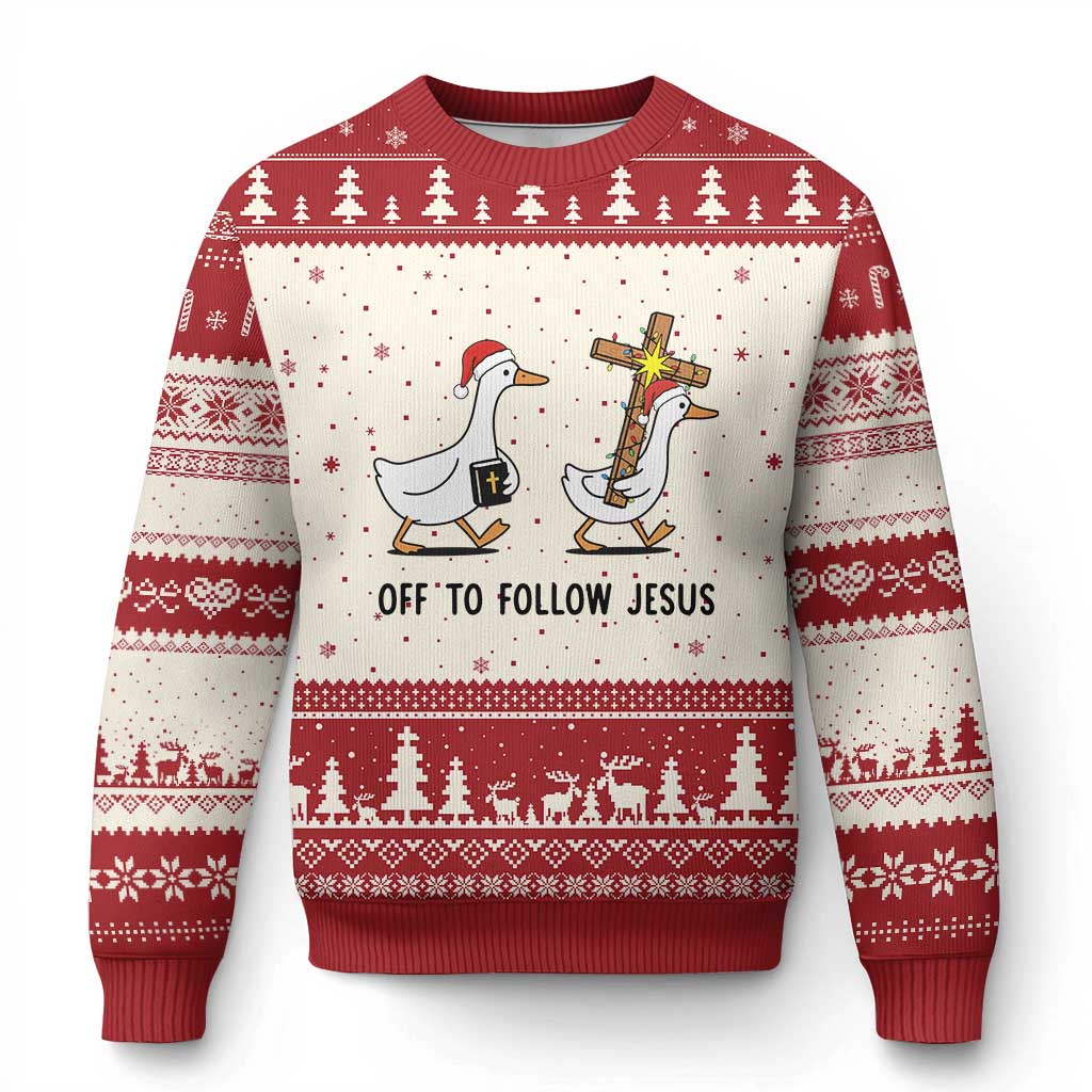 Christian Xmas Goose Ugly Christmas Sweater Off To Follow Jesus TS14 Beige Red Print Your Wear
