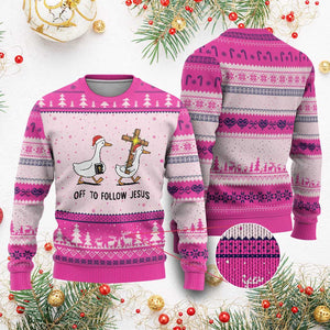 Christian Xmas Goose Ugly Christmas Sweater Off To Follow Jesus TS14 Hot Pink Print Your Wear