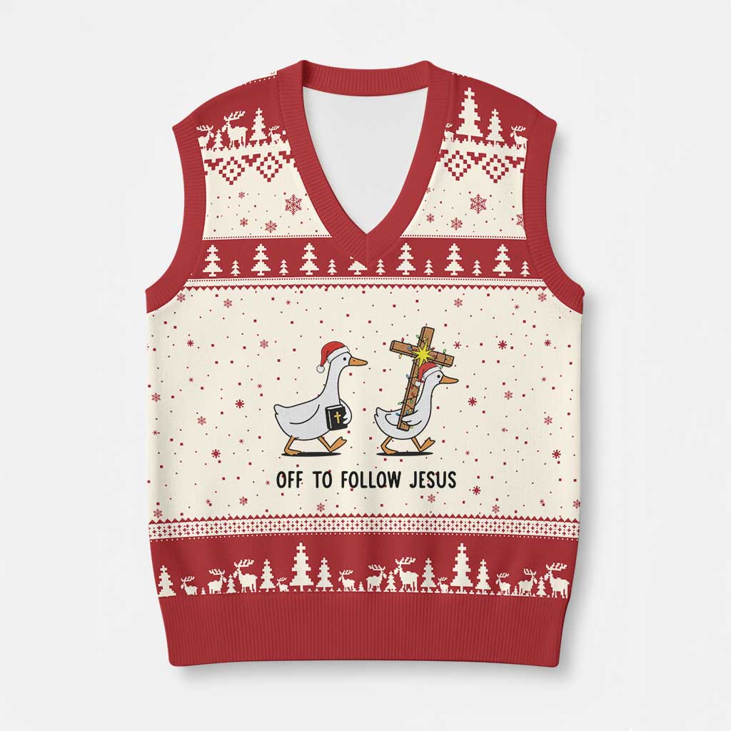 Christian Xmas Goose V-Neck Knit Sweater Vest Off To Follow Jesus TS14 Beige Red Print Your Wear