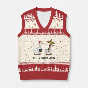 Christian Xmas Goose V-Neck Knit Sweater Vest Off To Follow Jesus TS14 Beige Red Print Your Wear