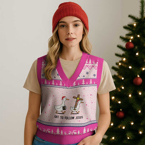 Christian Xmas Goose V-Neck Knit Sweater Vest Off To Follow Jesus TS14 Hot Pink Print Your Wear
