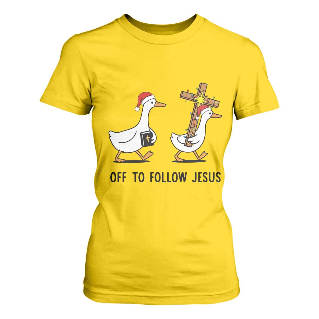 Christian Christmas Goose T Shirt For Women Off To Follow Jesus - Print Your Wear