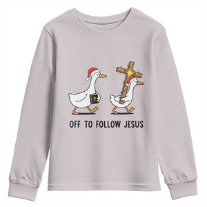 Christian Christmas Goose Youth Sweatshirt Off To Follow Jesus TS14 Ice Gray Print Your Wear