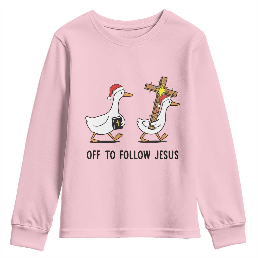 Christian Christmas Goose Youth Sweatshirt Off To Follow Jesus TS14 Light Pink Print Your Wear