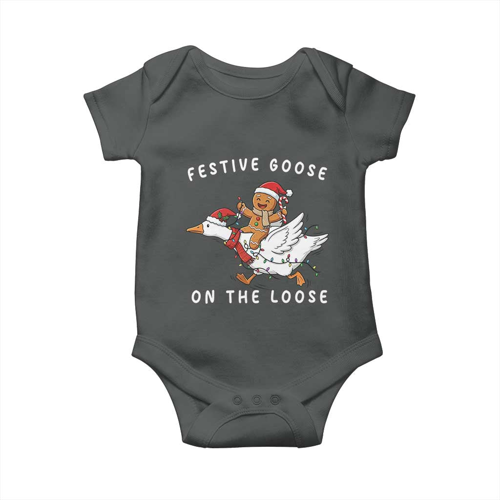 Festive Goose On The Loose Christmas Baby Onesie Funny Goose Gingerbread Xmas TS14 Dark Heather Print Your Wear