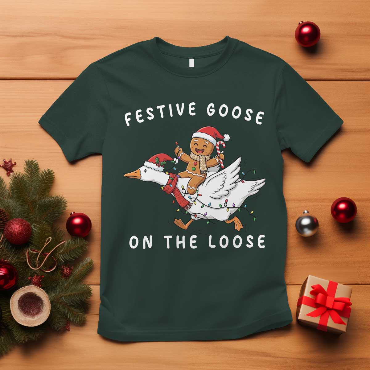 Festive Goose On The Loose Christmas T Shirt Funny Goose Gingerbread Xmas TS14 Dark Forest Green Print Your Wear