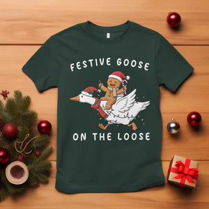 Festive Goose On The Loose Christmas T Shirt Funny Goose Gingerbread Xmas TS14 Dark Forest Green Print Your Wear