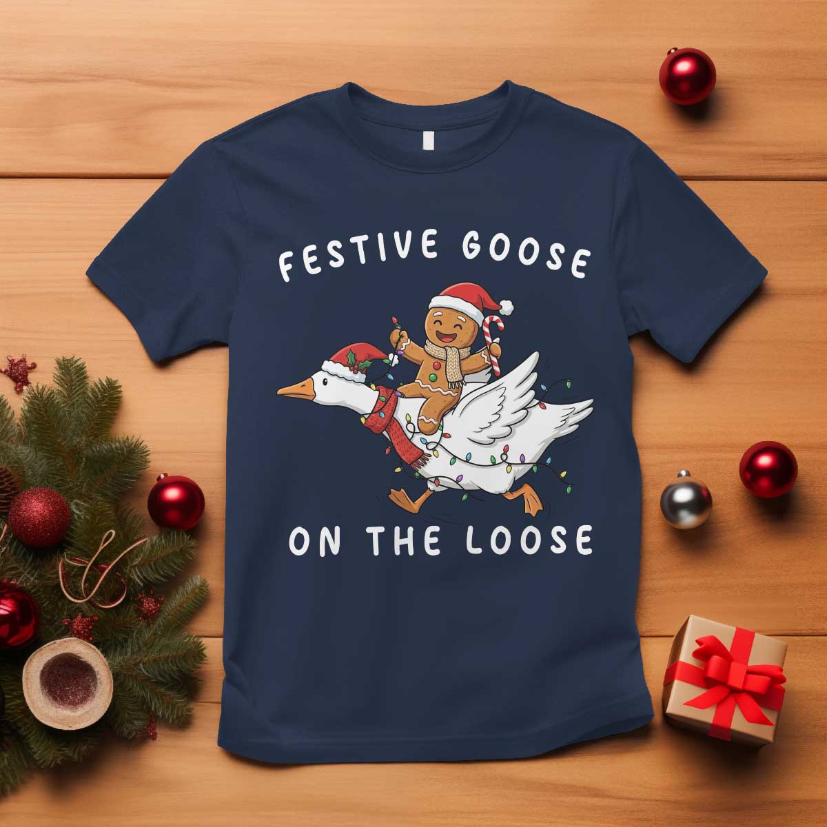 Festive Goose On The Loose Christmas T Shirt Funny Goose Gingerbread Xmas TS14 Navy Print Your Wear