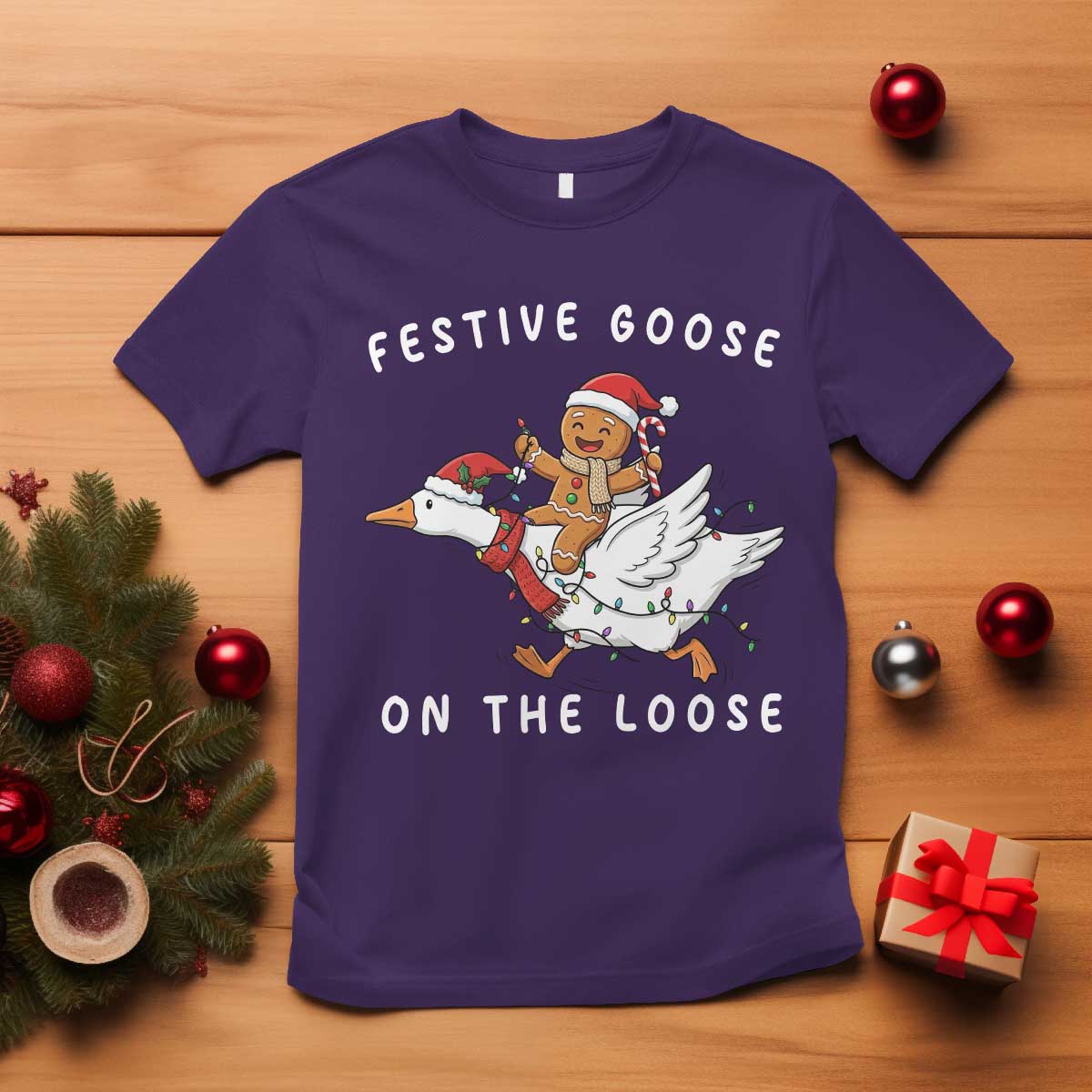 Festive Goose On The Loose Christmas T Shirt Funny Goose Gingerbread Xmas TS14 Purple Print Your Wear