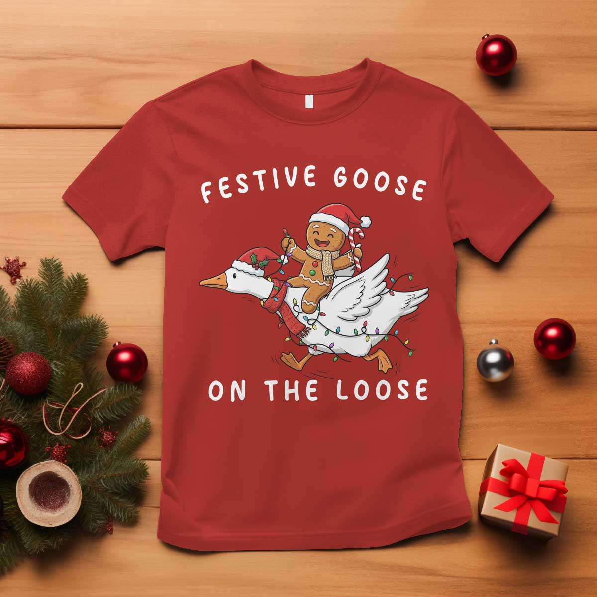 Festive Goose On The Loose Christmas T Shirt Funny Goose Gingerbread Xmas TS14 Red Print Your Wear