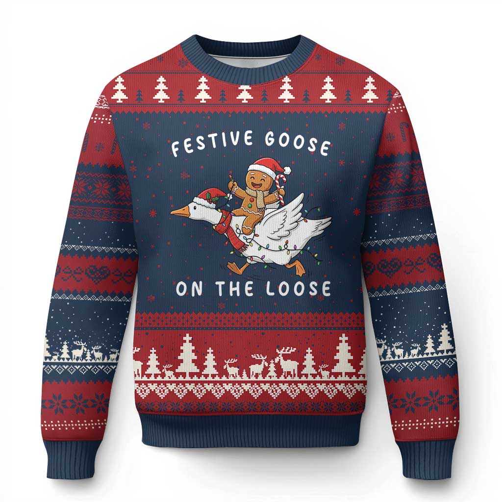 Festive Goose On The Loose Xmas Ugly Christmas Sweater Funny Goose Gingerbread Xmas TS14 Navy Red Print Your Wear