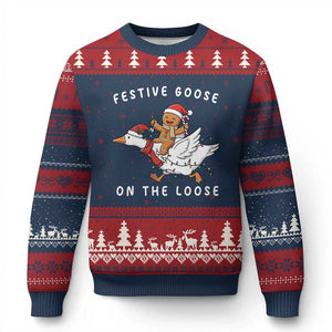 Festive Goose On The Loose Xmas Ugly Christmas Sweater Funny Goose Gingerbread Xmas TS14 Navy Red Print Your Wear