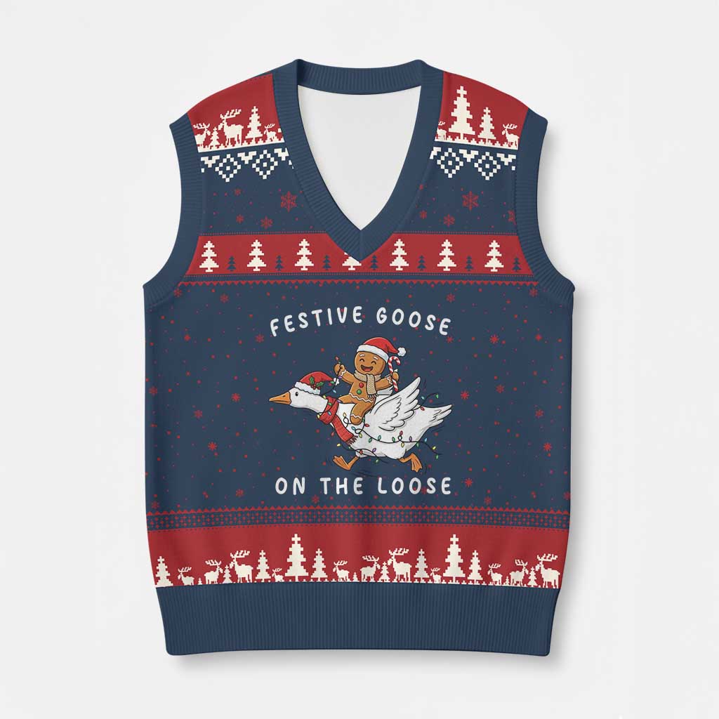 Festive Goose On The Loose Xmas V-Neck Knit Sweater Vest Funny Goose Gingerbread Xmas TS14 Navy Red Print Your Wear