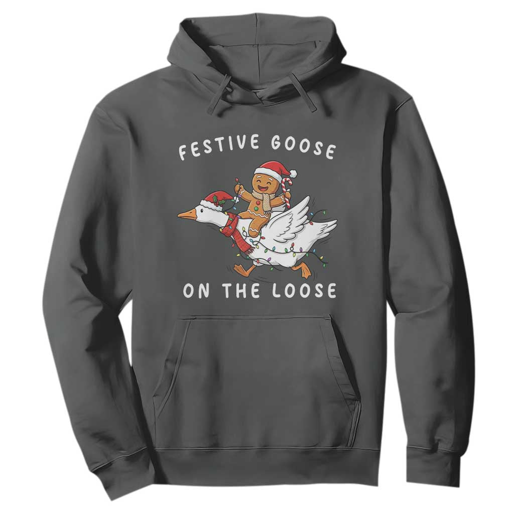 Festive Goose On The Loose Christmas Hoodie Funny Goose Gingerbread Xmas TS14 Dark Heather Print Your Wear