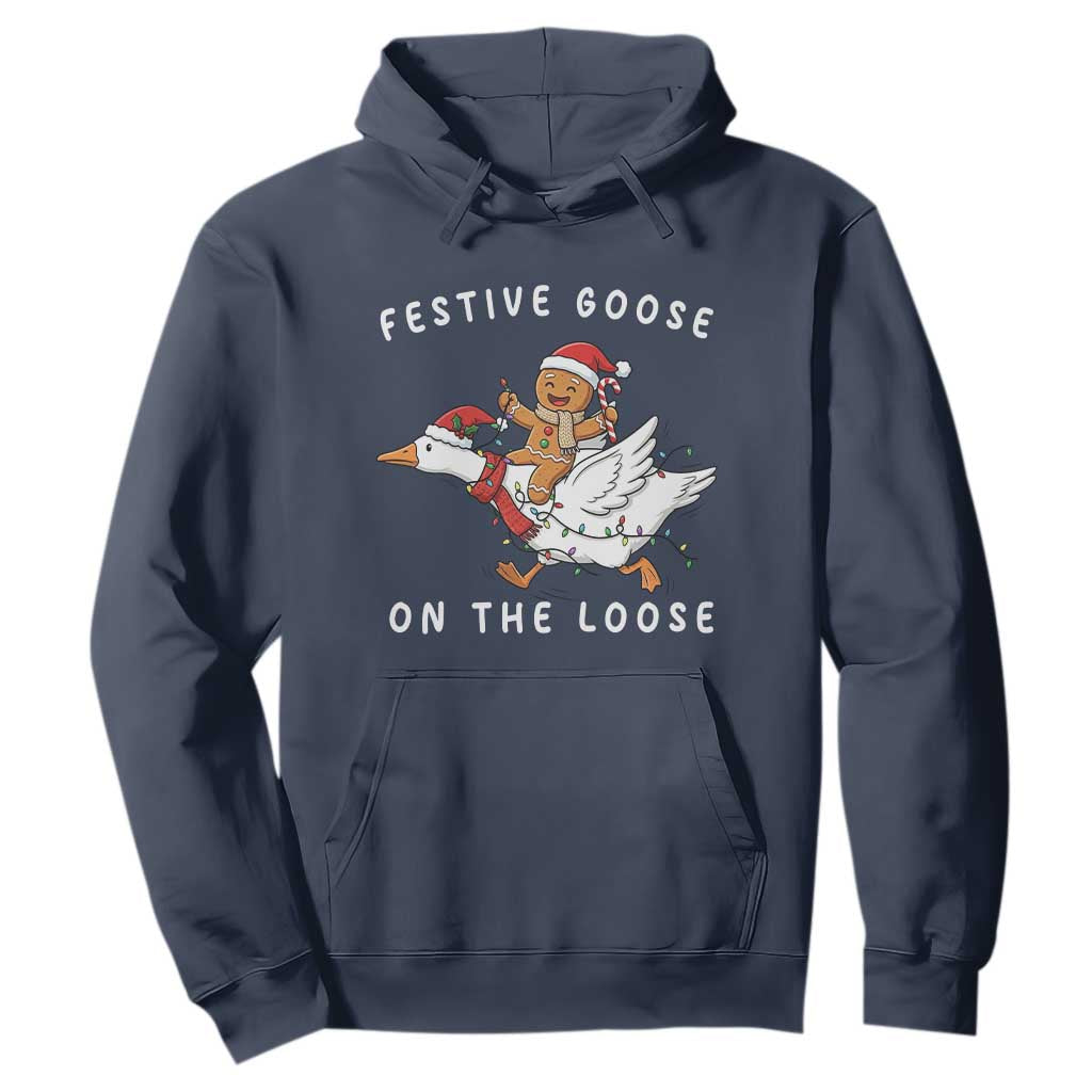 Festive Goose On The Loose Christmas Hoodie Funny Goose Gingerbread Xmas TS14 Navy Print Your Wear