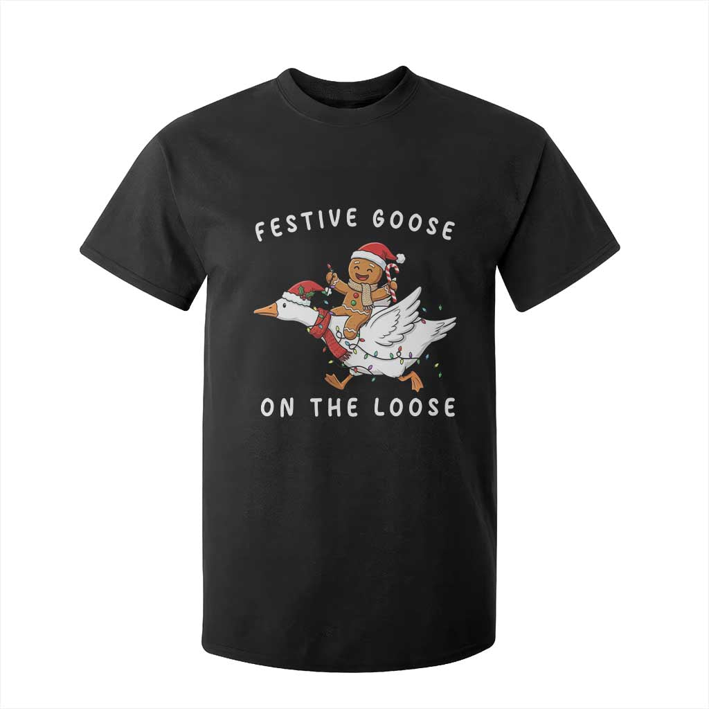 Festive Goose On The Loose Christmas T Shirt For Kid Funny Goose Gingerbread Xmas TS14 Black Print Your Wear