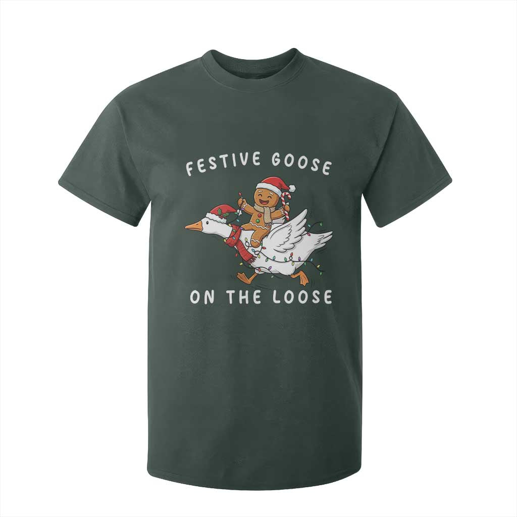 Festive Goose On The Loose Christmas T Shirt For Kid Funny Goose Gingerbread Xmas TS14 Dark Forest Green Print Your Wear