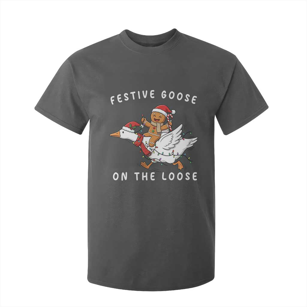 Festive Goose On The Loose Christmas T Shirt For Kid Funny Goose Gingerbread Xmas TS14 Dark Heather Print Your Wear