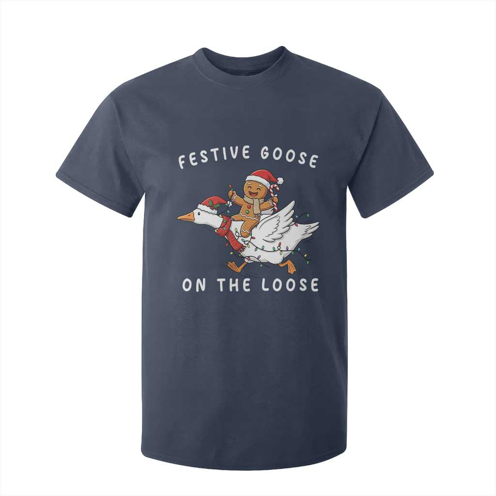 Festive Goose On The Loose Christmas T Shirt For Kid Funny Goose Gingerbread Xmas TS14 Navy Print Your Wear