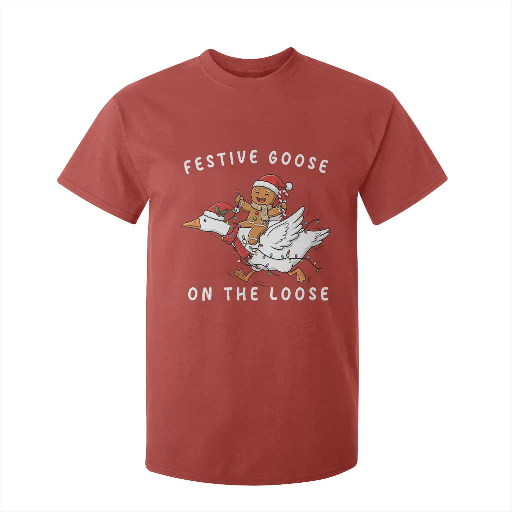 Festive Goose On The Loose Christmas T Shirt For Kid Funny Goose Gingerbread Xmas TS14 Red Print Your Wear