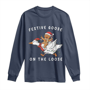 Festive Goose On The Loose Christmas Long Sleeve Shirt Funny Goose Gingerbread Xmas TS14 Navy Print Your Wear