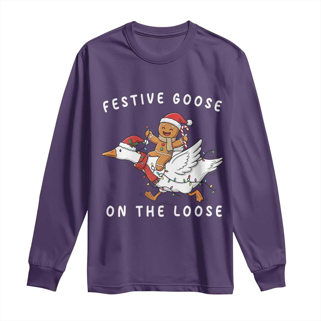 Festive Goose On The Loose Christmas Long Sleeve Shirt Funny Goose Gingerbread Xmas TS14 Purple Print Your Wear