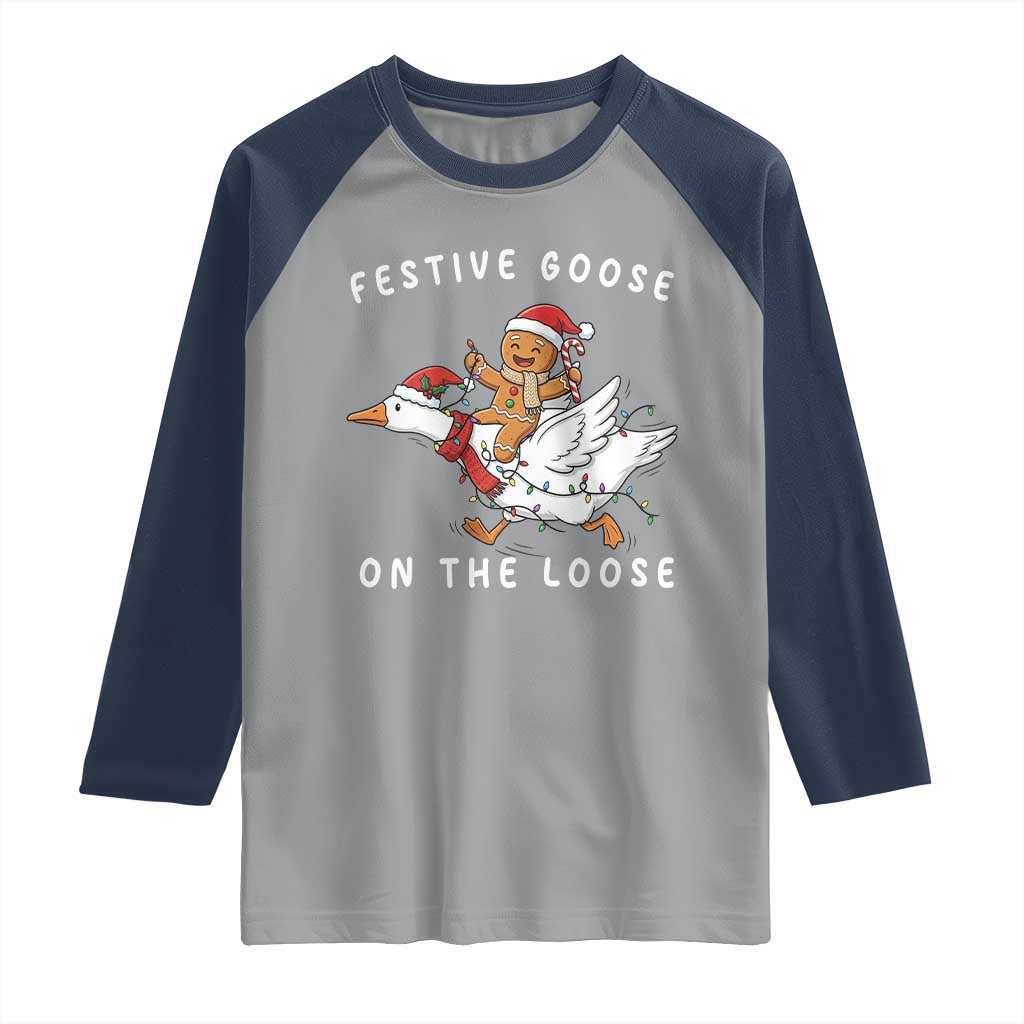 Festive Goose On The Loose Christmas Raglan Shirt Funny Goose Gingerbread Xmas TS14 Sport Gray Navy Print Your Wear